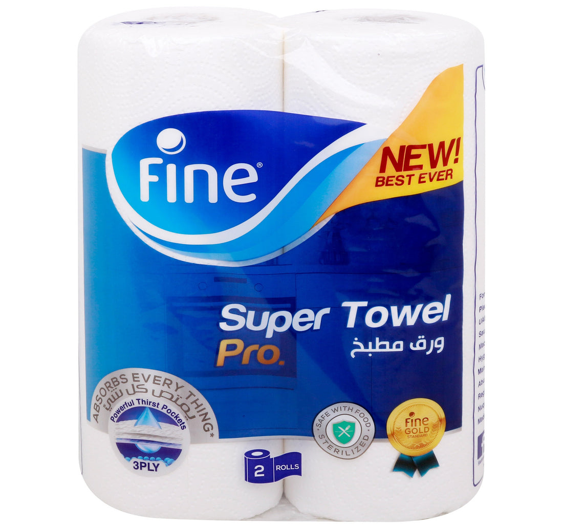 Fine Super Towel Pro New & Improved Sterilized & Half Perforated Kitchen Paper Towel 3ply 2 Rolls
