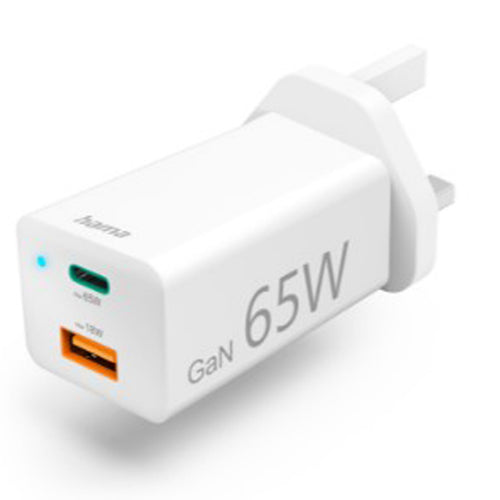 Hama UK Fast Charger, USB-C, PD,Qualcomm, GaN, Mini-Charger, 65 W, white (73210293)