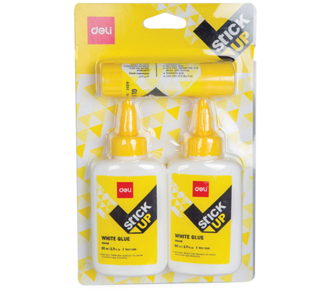 Deli White Glue 80ml 2's + Glue Stick 20g