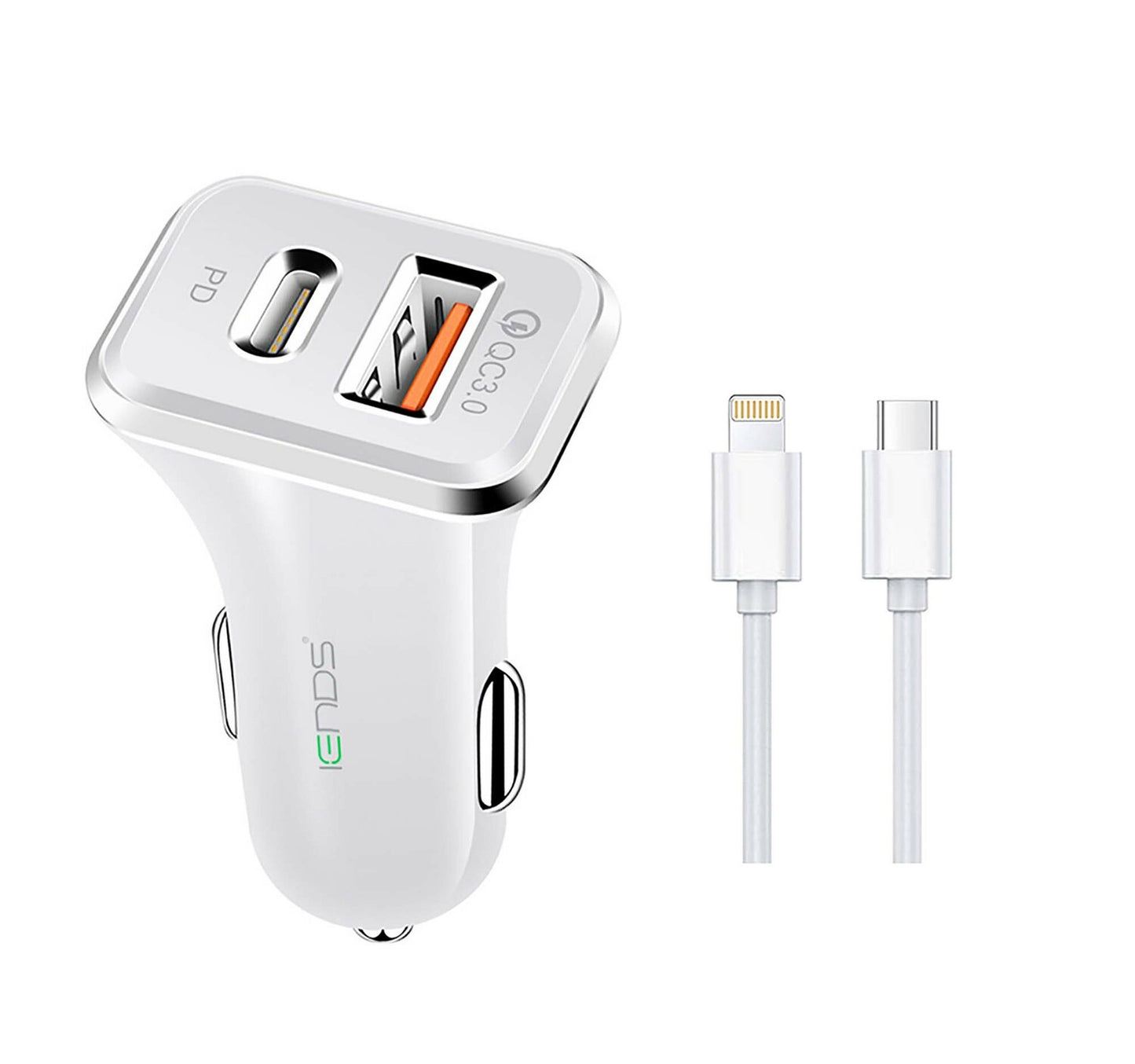 Iends Car Charger with Dual Ports (Type-C and USB)AD657, White