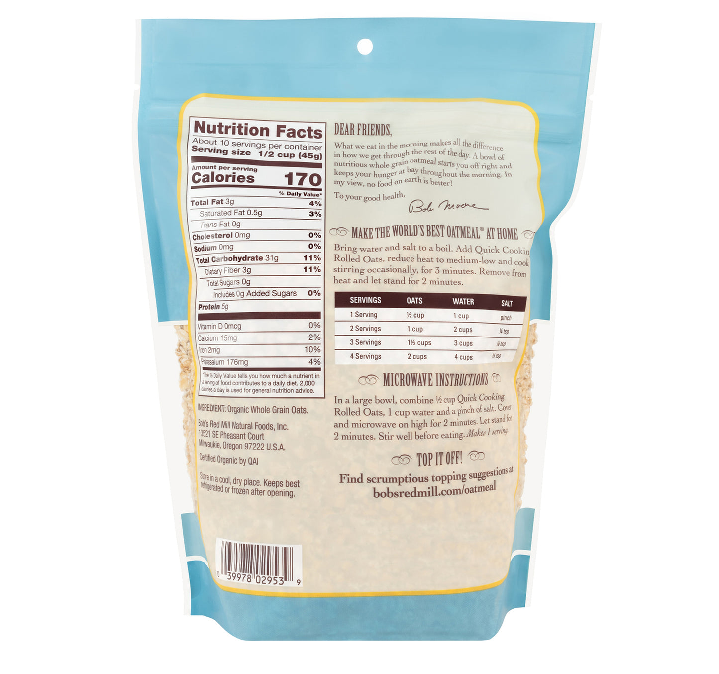 Bob's Red Mill Organic Quick Cooking Rolled Oats 453 g