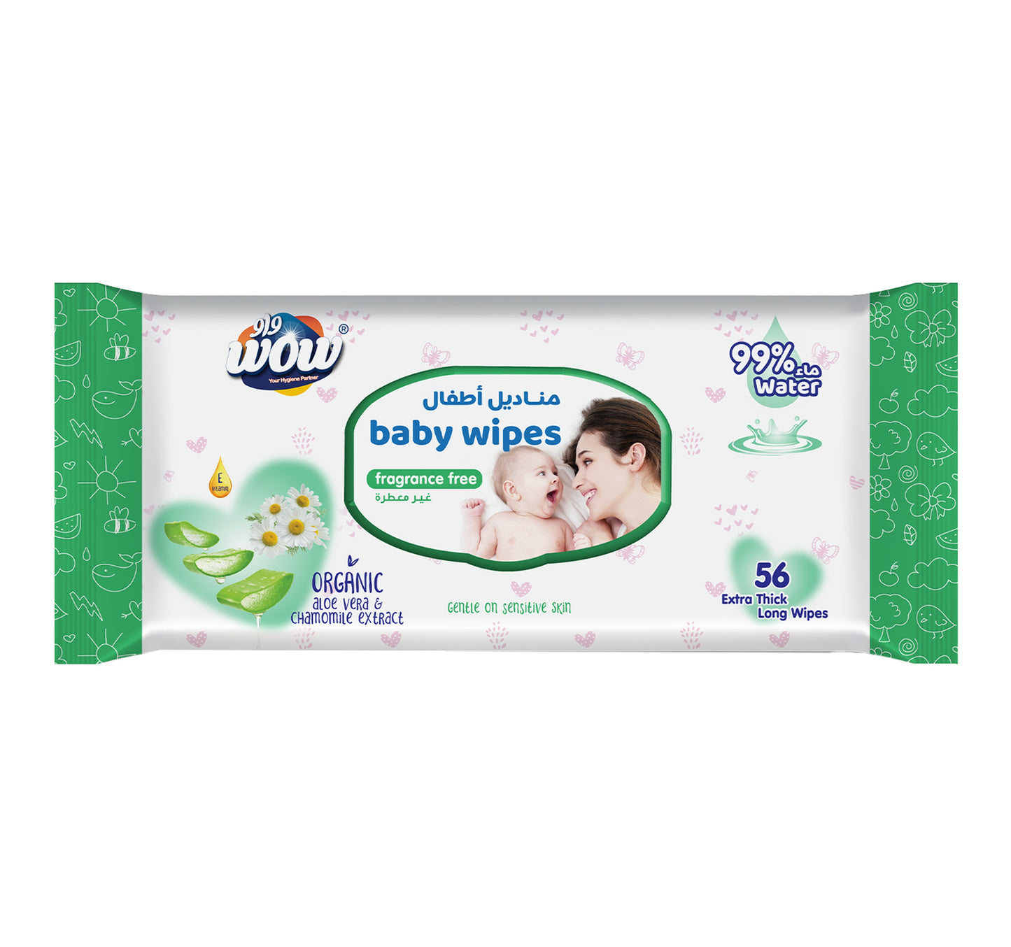 Wow Baby Wipes Extra Thick & Long Fragrance Free 56 pcs