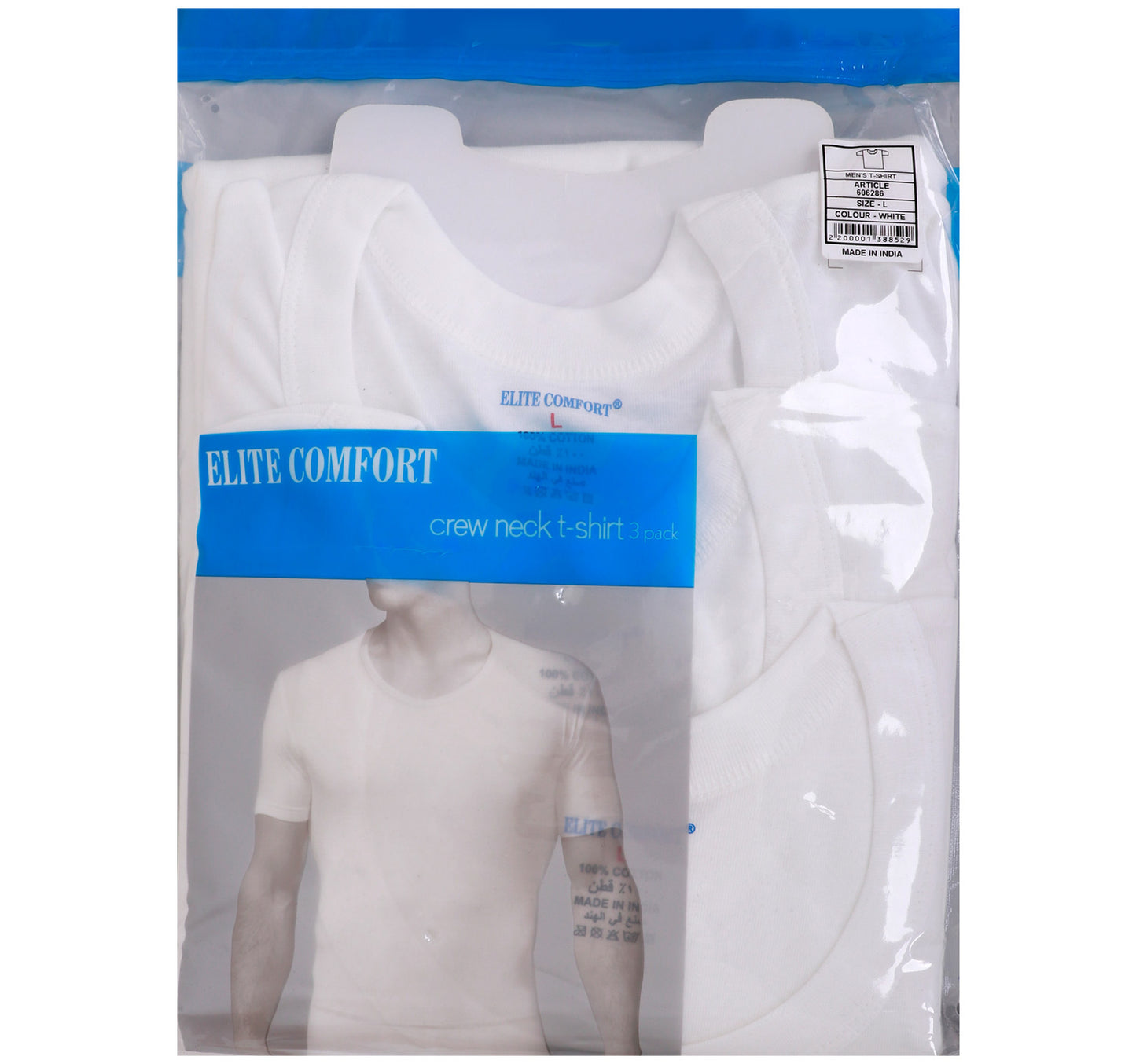 تي شيرت رجالي من Elite Comfort Cotton برقبة دائرية، مقاس كبير، 3 قطع، أبيض، ELXTW
