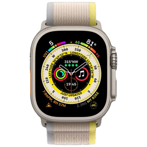 ساعة Apple Watch Ultra GPS + Cellular الذكية مقاس 49 مم، هيكل من التيتانيوم مع حلقة Trail Loop صفراء/بيج (S/M)، MNHK3