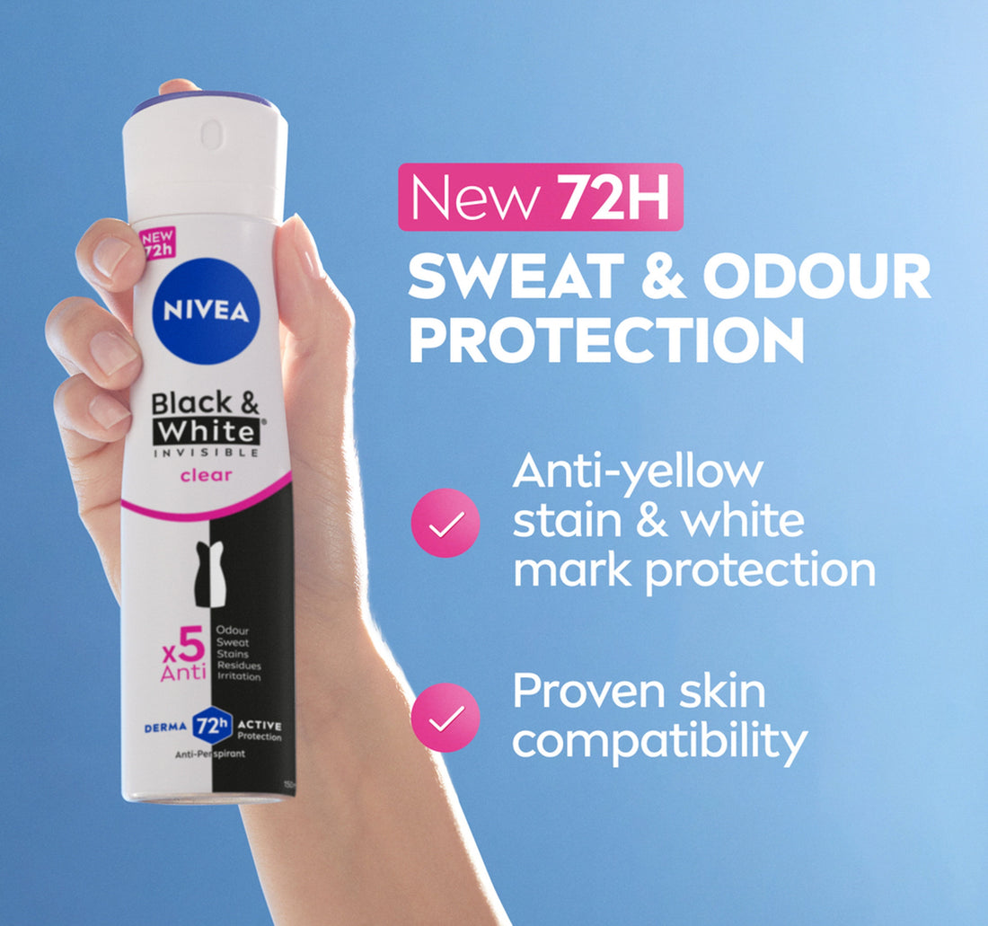 Nivea Black & White Invisible Antiperspirant Deodorant Spray for Women Clear 72H Active Protection 150 ml