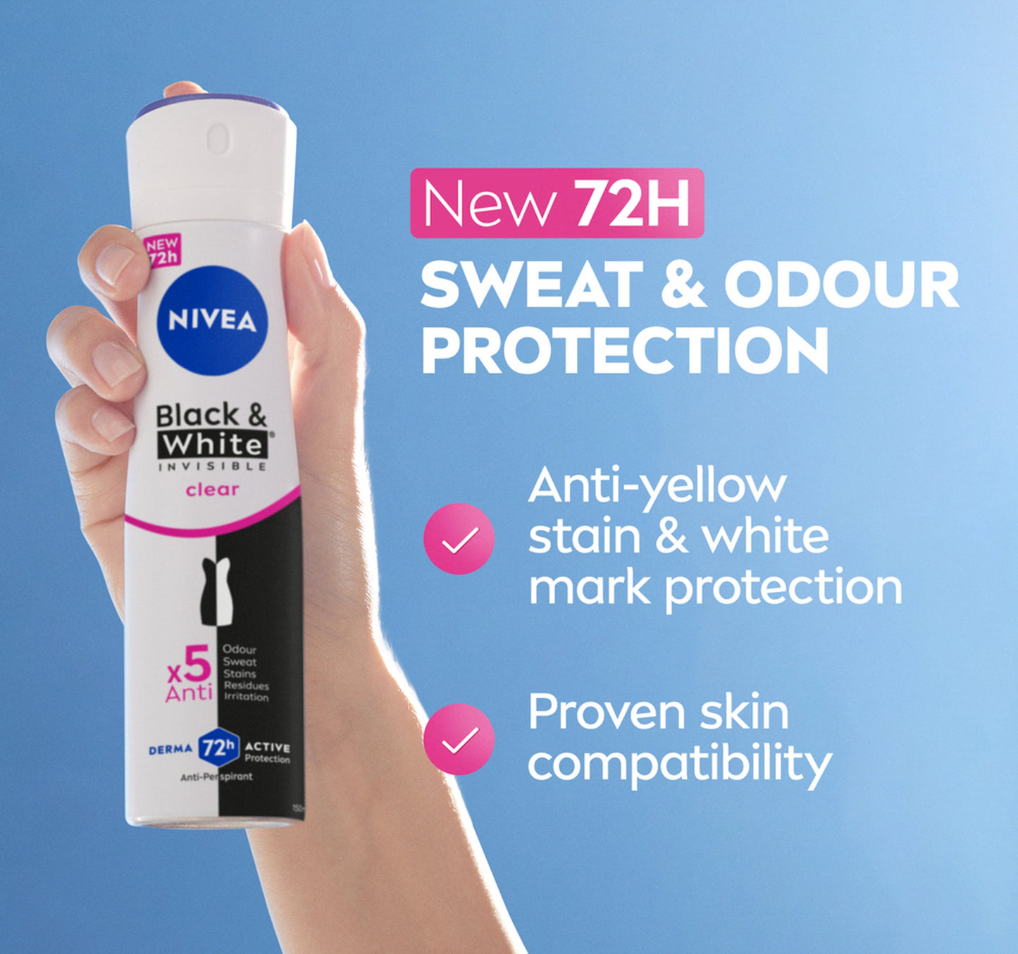 Nivea Black & White Invisible Antiperspirant Deodorant Spray for Women Clear 72H Active Protection 150 ml