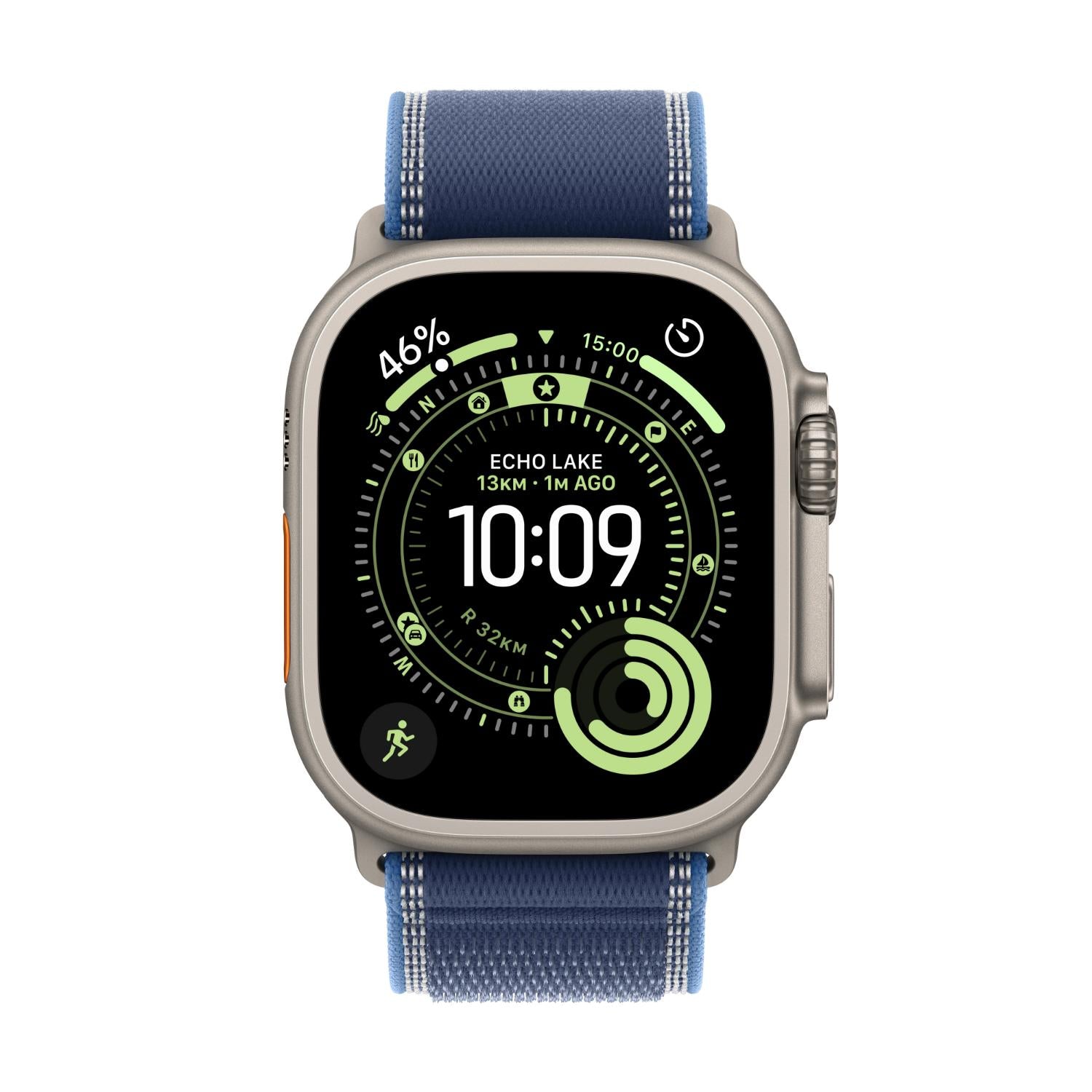 ساعة Apple Watch Ultra 3 الذكية بنظام تحديد المواقع العالمي (GPS) وشبكة خلوية، هيكل من التيتانيوم الطبيعي مقاس 49 مم مع حلقة زرقاء/زرقاء زاهية (متوسط/كبير)، MEWU4AF/A