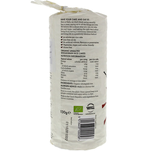 Kallo Organic Unsalted Wholegrain Low Fat Rice Cake 130 g