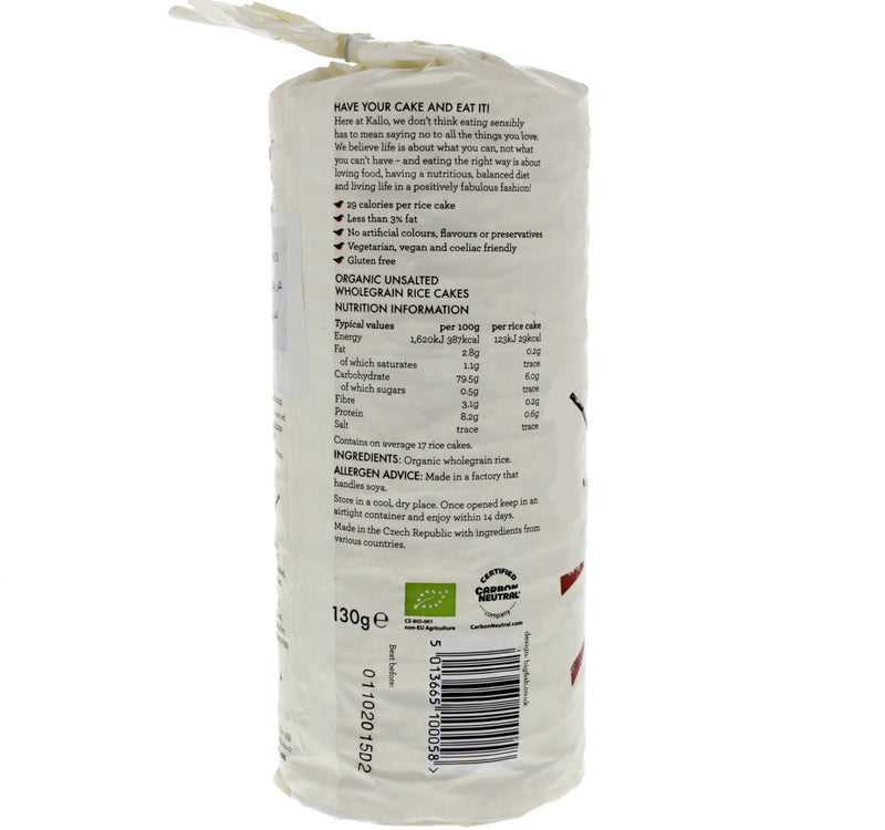 Kallo Organic Unsalted Wholegrain Low Fat Rice Cake 130 g