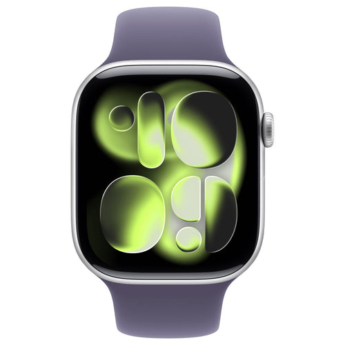 ساعة Apple Watch Series 11 الذكية بنظام تحديد المواقع العالمي (GPS)، هيكل من الألومنيوم الفضي مقاس 46 مم مع سوار رياضي ضبابي أرجواني (متوسط/كبير)، MEVA4AF/A