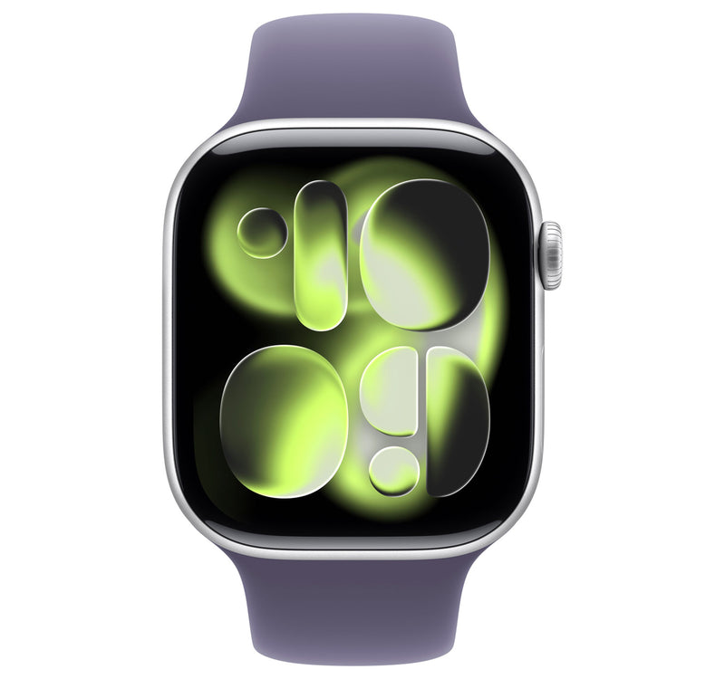 Apple Watch Series 11 GPS Smartwatch, 46 mm Silver Aluminium Case with Purple Fog Sport Band (M/L), MEVA4AF/A