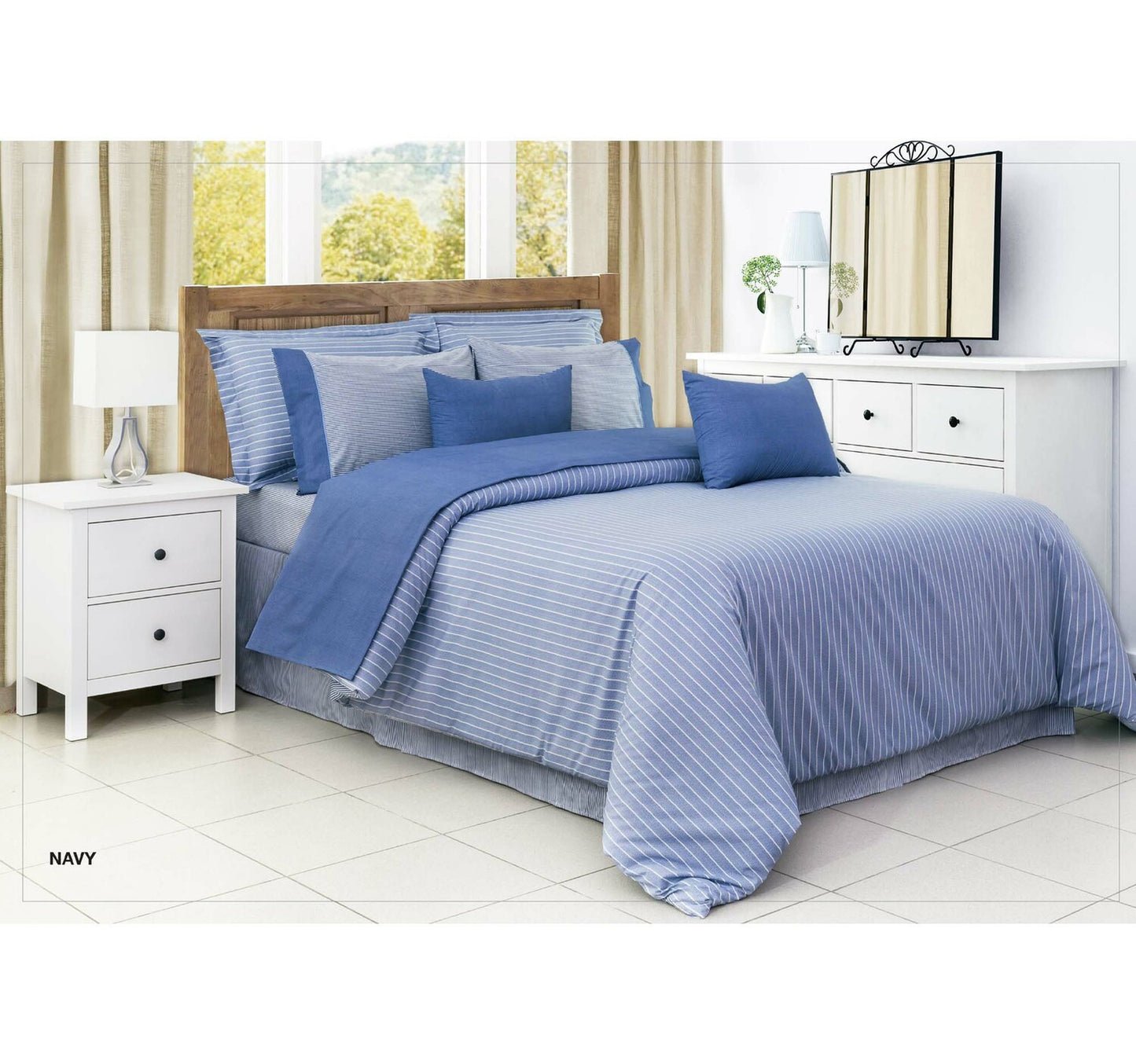 Cannon Solid Striped Collection 100% Cotton Bedsheet 259x274cm 144 Thread Count Navy
