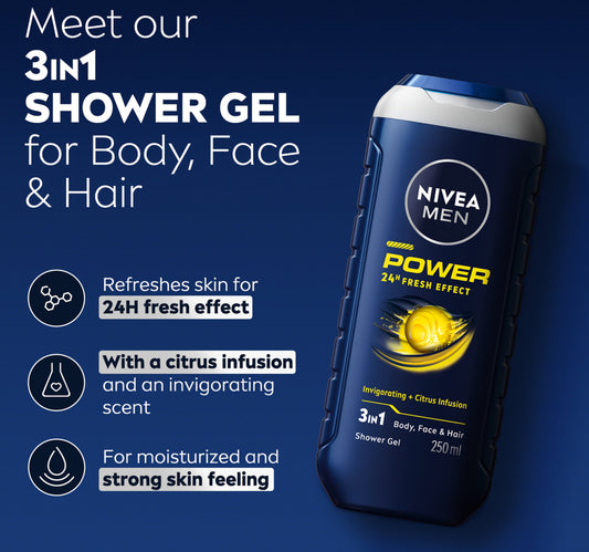 Nivea Men Power Fresh Shower Gel 3in1 Body Wash with Menthol & Mint Scent 250 ml