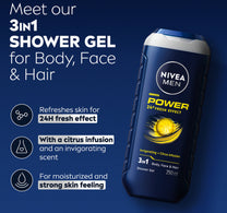 Nivea Men Power Fresh Shower Gel 3in1 Body Wash with Menthol & Mint Scent 250 ml