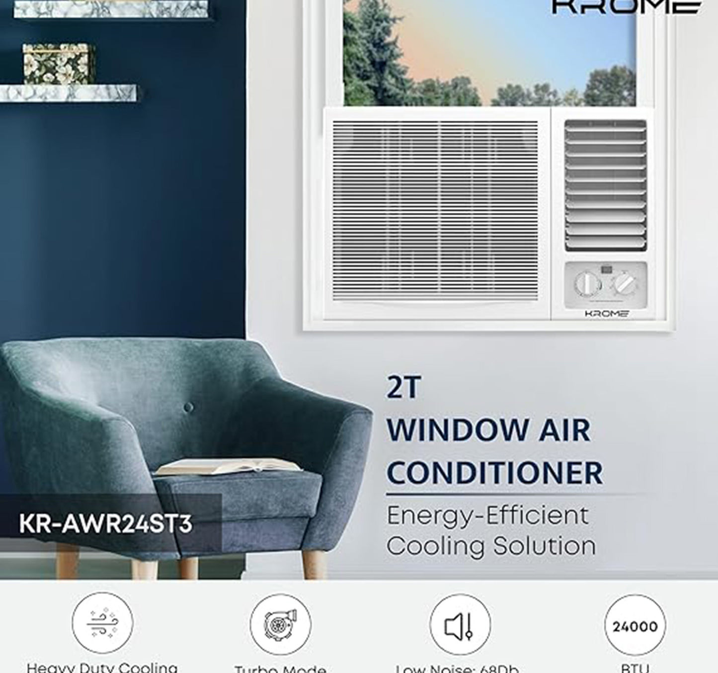 Krome Window Air Conditioner, 2 Ton, Rotary Compressor, White, AWR24ST3