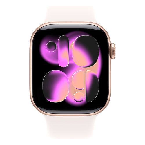 ساعة Apple Watch Series 11 الذكية بنظام تحديد المواقع العالمي (GPS) وشبكة خلوية، هيكل من الألومنيوم باللون الذهبي الوردي مقاس 42 مم مع سوار رياضي بلون وردي فاتح (صغير/متوسط)، MEU04AF/A