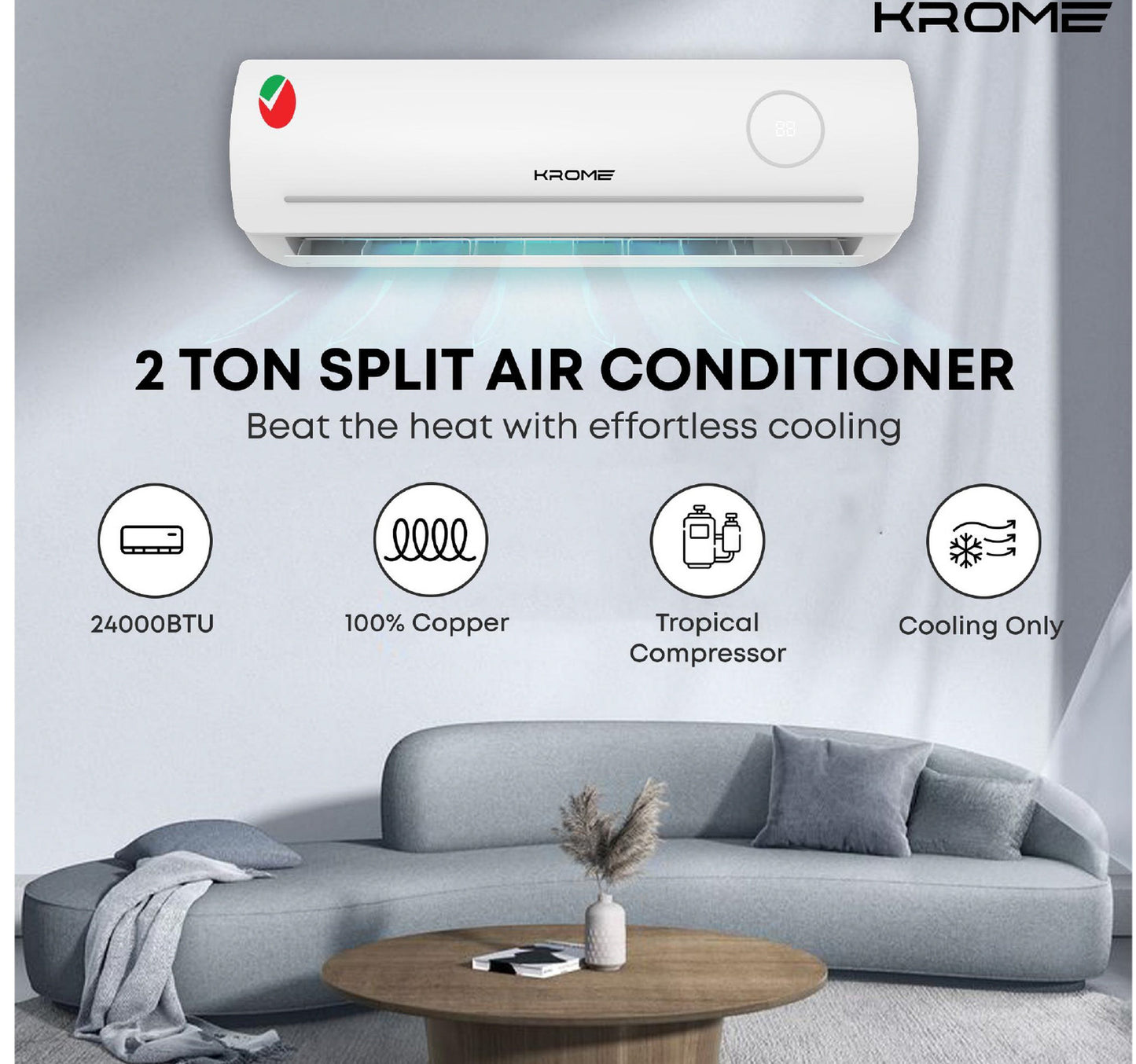 Krome Split Air Conditioner, 2 Ton, Rotary Compressor, KR-AR24MT3-BH