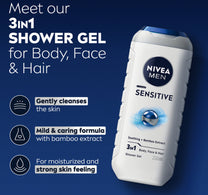 Nivea Men Sensitive Shower Gel 3in1 Body Wash with Bamboo Extract & Masculine Scent 250 ml
