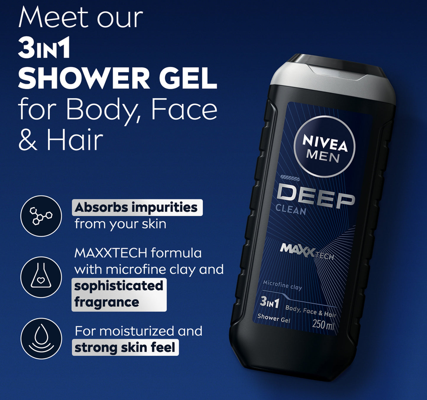 Nivea Men DEEP Shower Gel 3in1 Body Wash with Micro-Fine Clay & Woody Scent 250 ml
