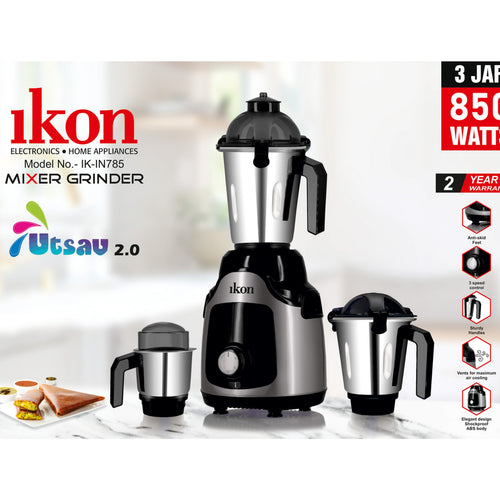 Ikon Mixer Grinder with 3 Jars, 850W, Grey/Black, IK-IN785