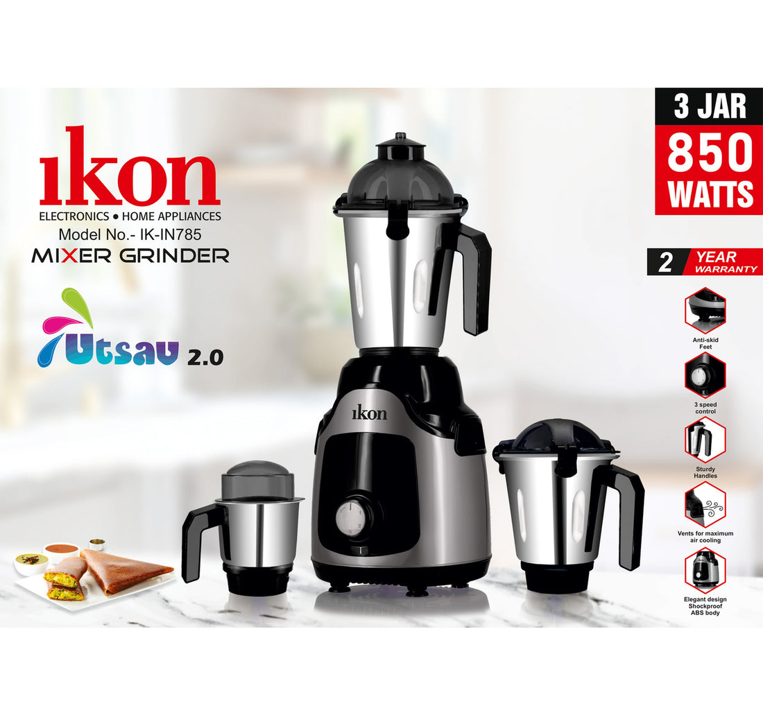 Ikon Mixer Grinder with 3 Jars, 850W, Grey/Black, IK-IN785