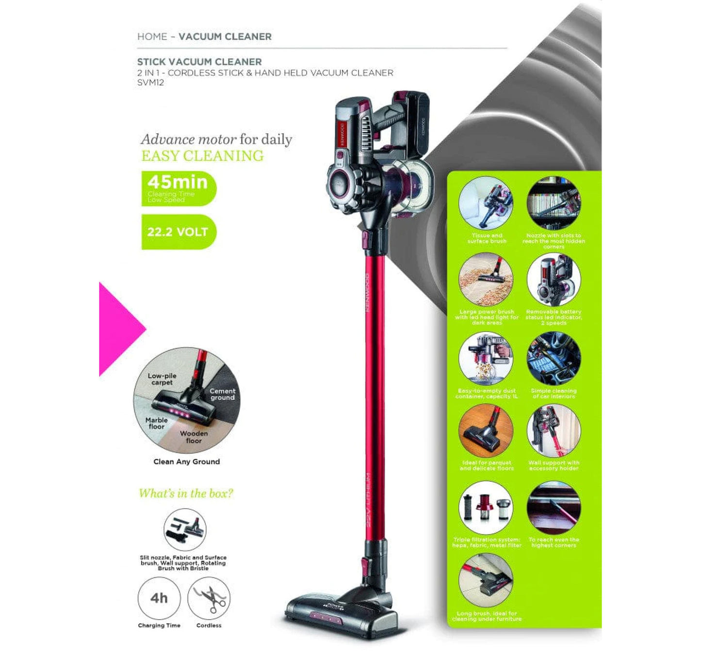 Kenwood 2 In 1 Cordless Stick & Handheld Vacuum Cleaner SVM12.00RD 160W
