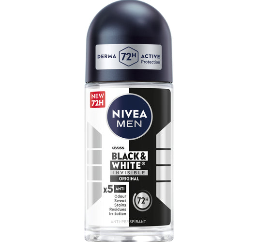 مزيل عرق رول أون غير مرئي من نيفيا للرجال للأسود والأبيض، حماية فعالة تدوم 72 ساعة، 50 مل